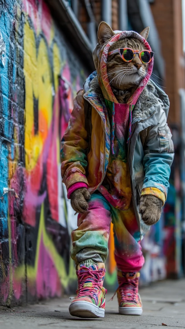 Cool Cat in Urban Style Walking Through Graffiti Alley