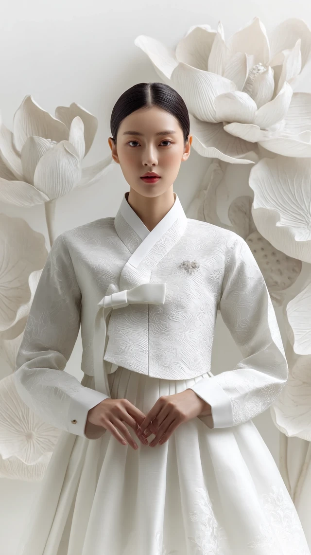 Elegant Korean Hanbok in White with Lotus Flower