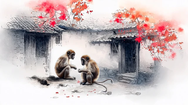 Chinese Ink Wash Painting Village Scene Monkey