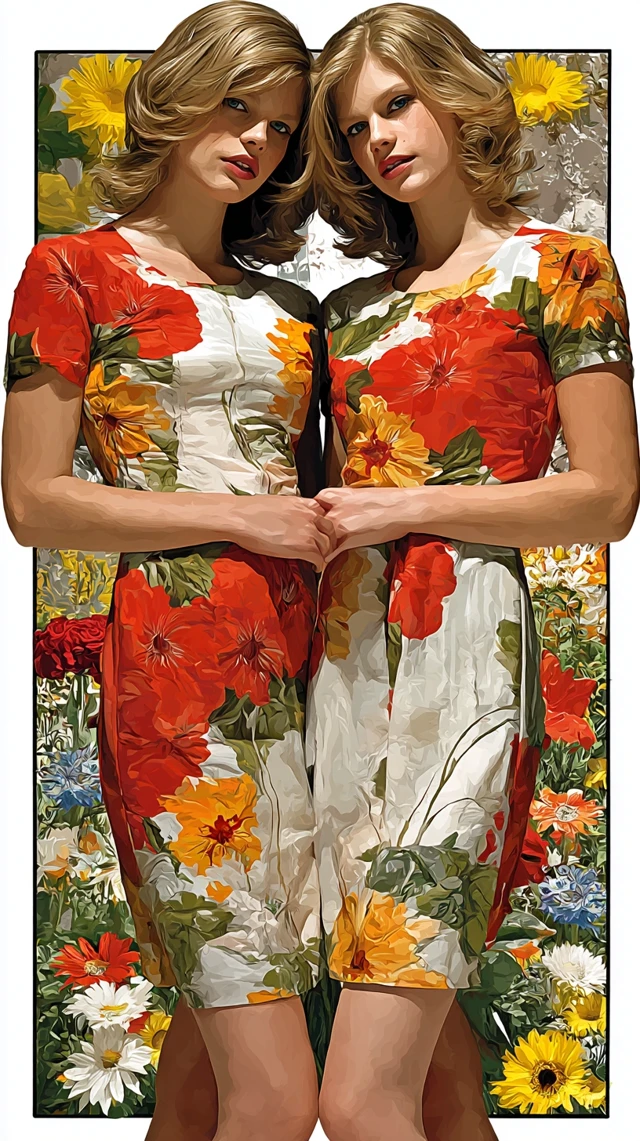 Twin Brothers in Floral Sundresses Digital Illustration