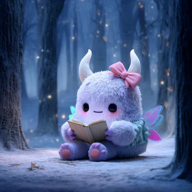 Cute Lilac Monster Reading in the Forest