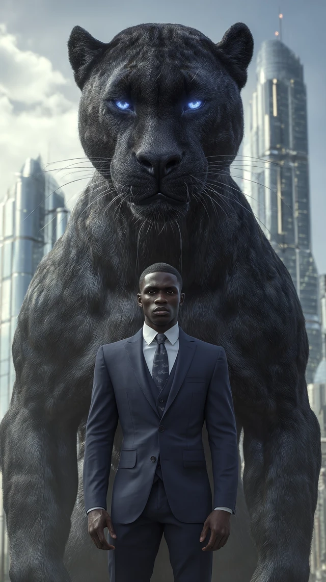 Man and Panther Guardian in Futuristic City