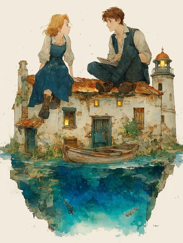 Romantic Couple in Boat by Lighthouse Painting
