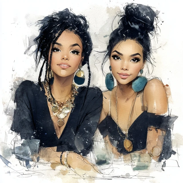 Watercolor Portrait of Two Beautiful Women
