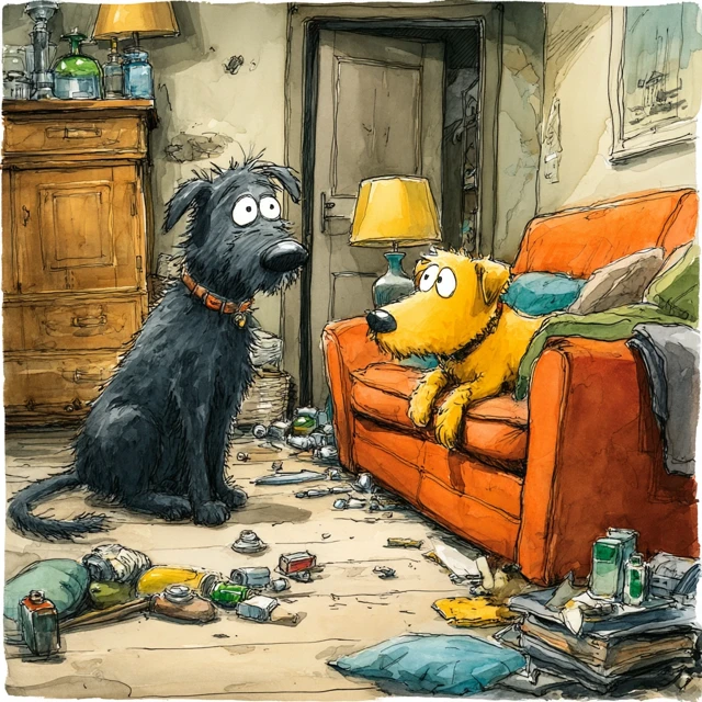 Cat and Dog on a Couch with a Messy Room