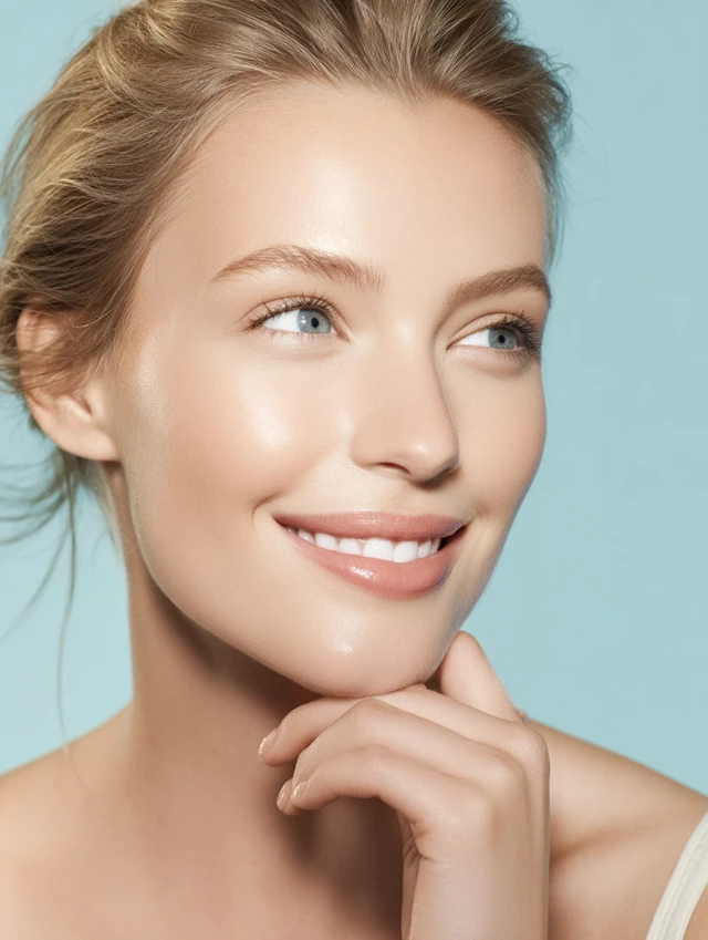 Beauty Model Showing Skincare Effect Light Blue Background