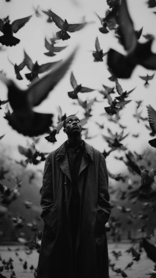 Man and Birds in Park Black and White Nostalgic Photo