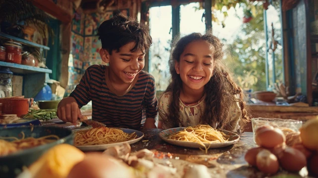 Joyful Brazilian Kids Cooking Spaghetti