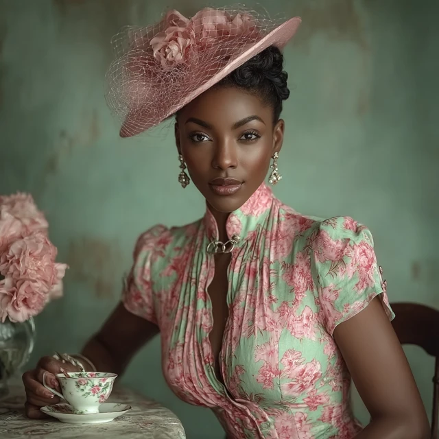 Elegant Nigerian Woman in Floral Dress Tea Time Portrait