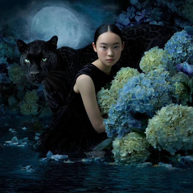 Asian Girl Black Leopard Hydrangea Surreal Art