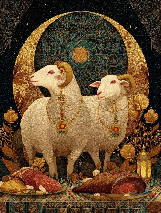 Eid al Adha Celebration Sheep with Jewels and Food