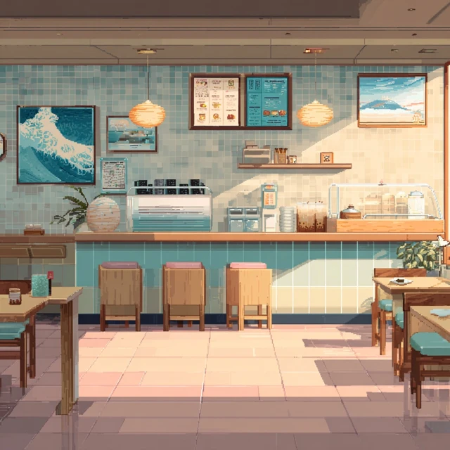 Pixel Art Boba Tea Shop Interior