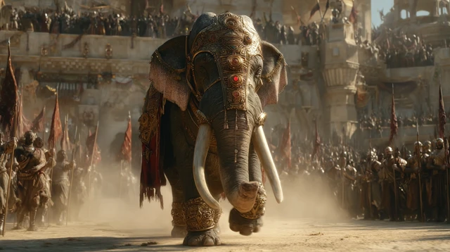 Armored War Elephant in Ancient Arena Epic Scene