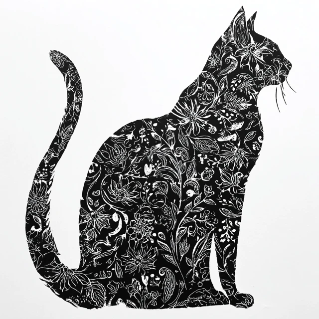 Floral Cat Stencil Black and White Art