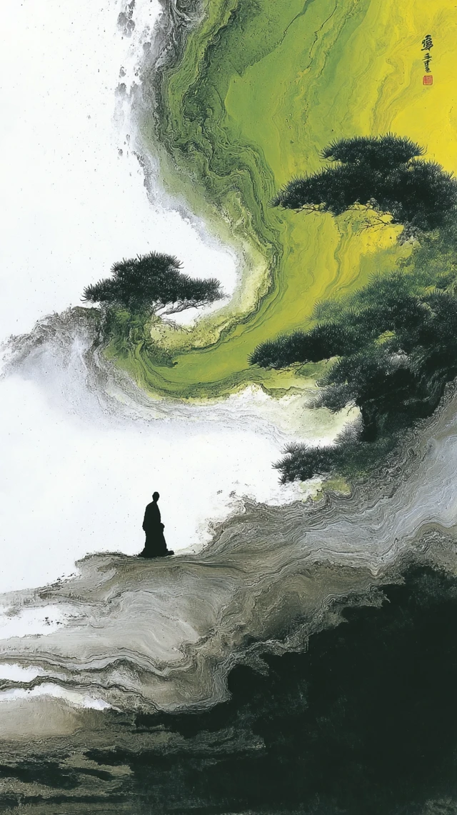 Zen Monk and Pine Tree Ink Painting Illustration
