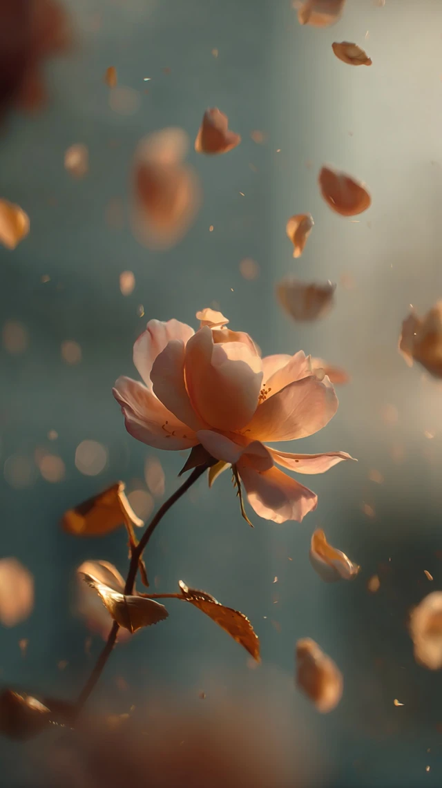 Dreamy Rose in Golden Light Petals Falling