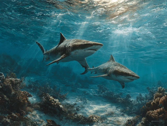 Realistic Shark Illustration in Ocean with Coral Reef