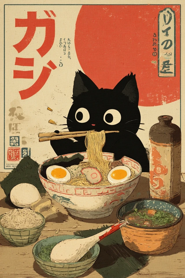 Kawaii Black Cat Eating Ramen Poster Anime Style