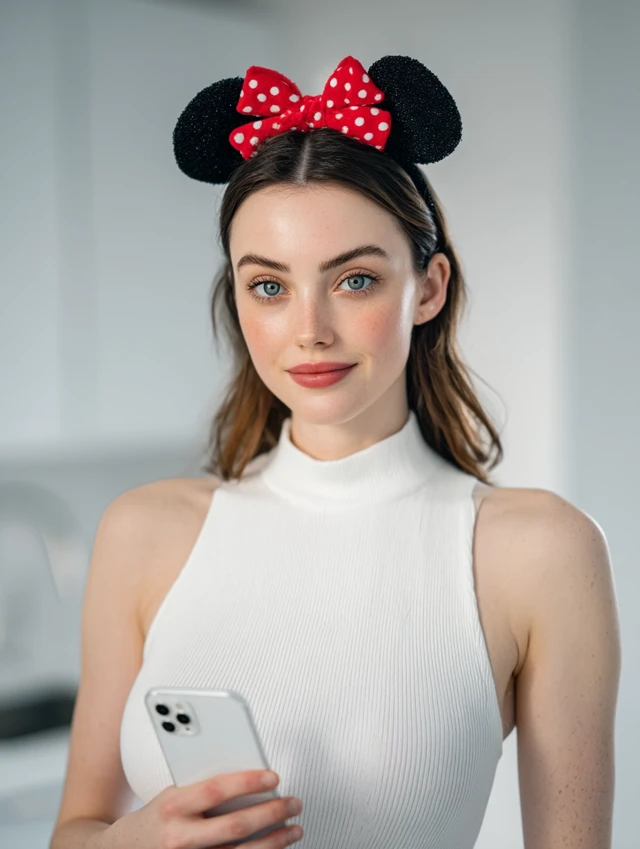 Cute Woman with iPhone Minnie Mouse Headband Studio Photo