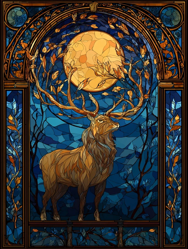 Anime Stained Glass Stag and Full Moon Art Nouveau