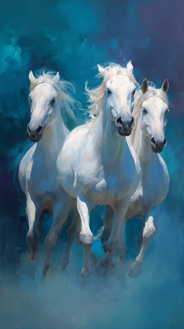 White Horses Running Abstract Blue Background