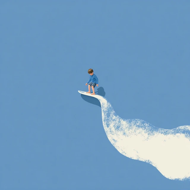 Child Surfing on Paint Surreal Minimalist Illustration