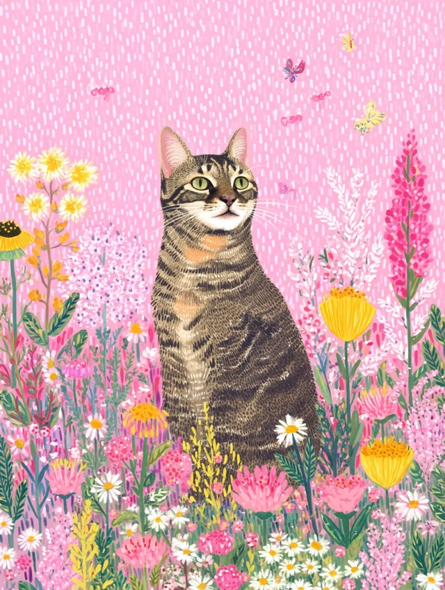 Happy Tabby Cat Folk Art Illustration