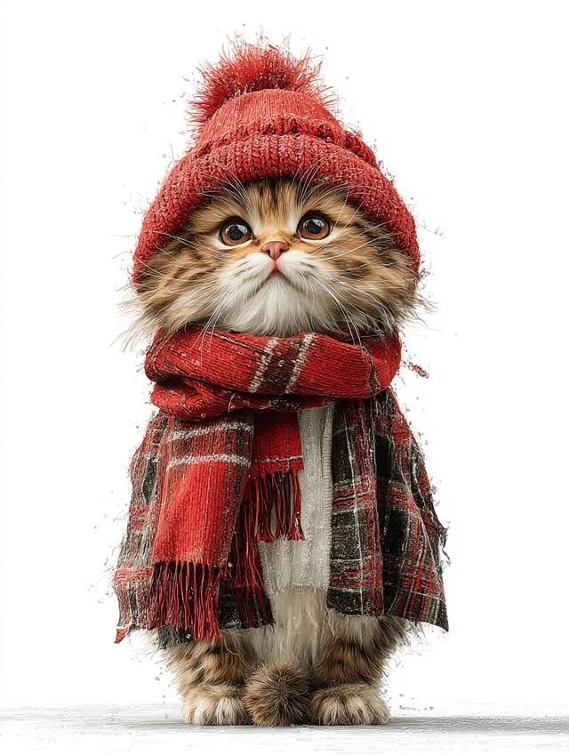 Fluffy Kitten in Red Hat and Scarf Illustration