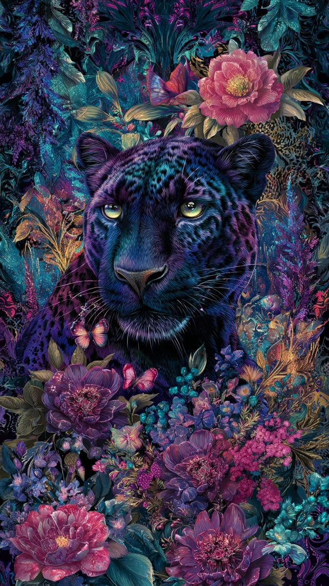 Regal Black Panther in Lush Floral Design
