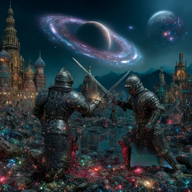 Knights in Armor Fighting Cosmic Scene Painting