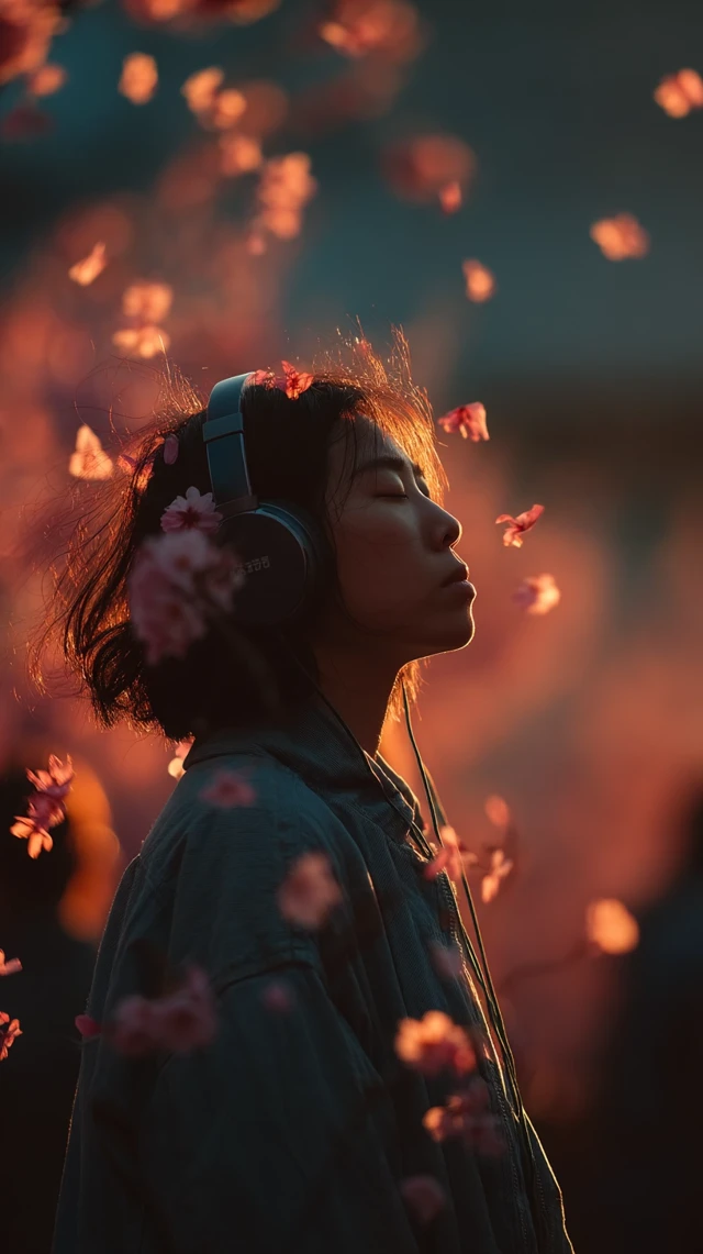 Teenage Girl Listening to Music in Peaceful Scene