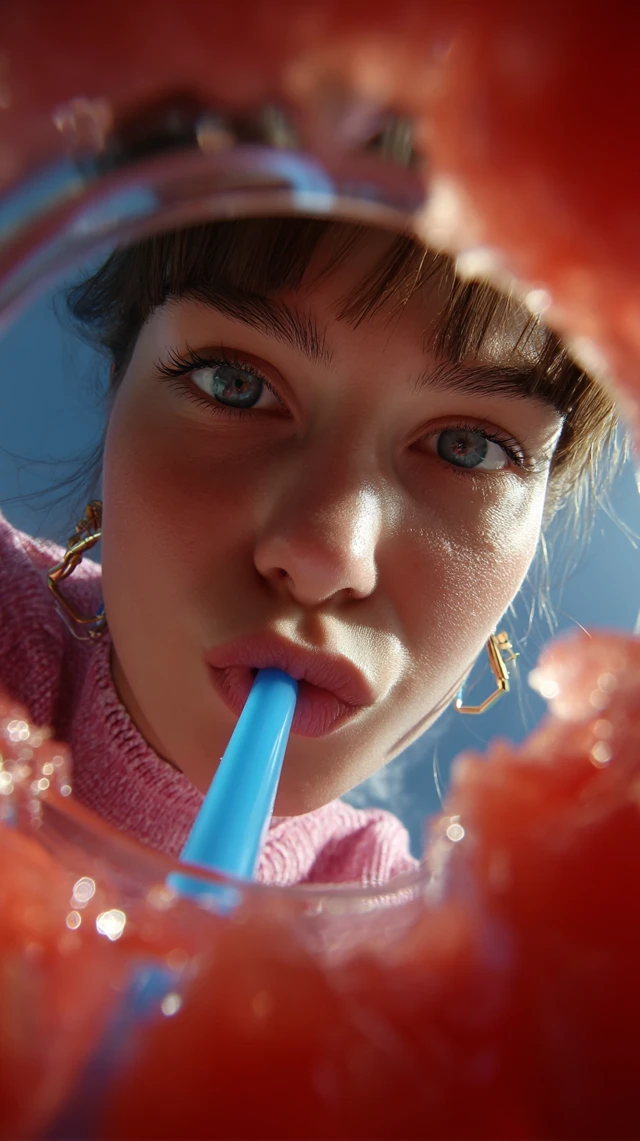 Watermelon Drink Young Woman from Below Perspective