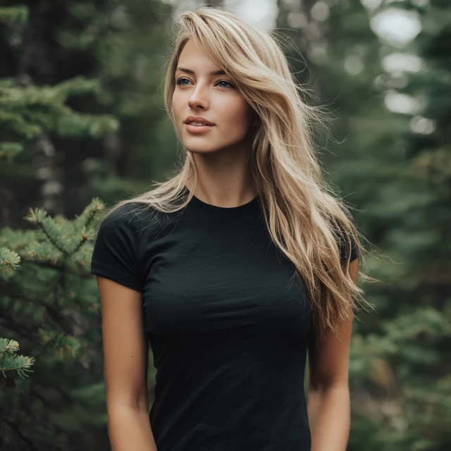 Blonde Girl in Black T-shirt in Montana Forest