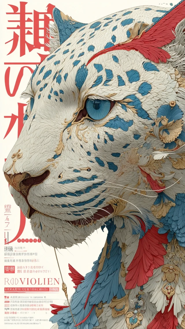 Anime Leopard Illustration with Red Ribbons and Calligraphy