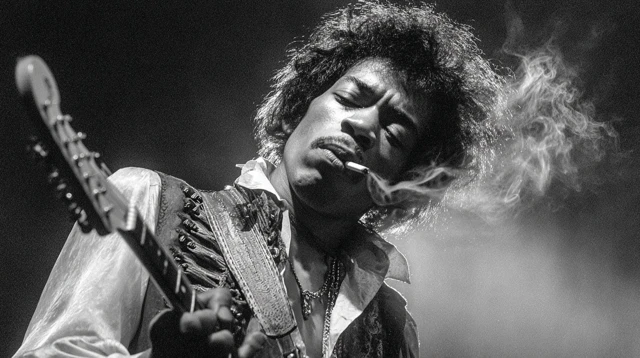 Jimi Hendrix On Stage Electric Guitar Vintage Black and White
