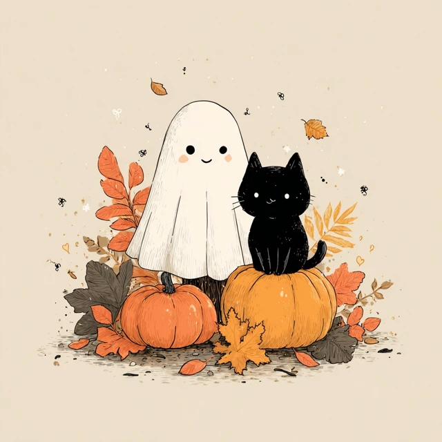 Halloween Cat Ghost Pumpkin Patch Illustration