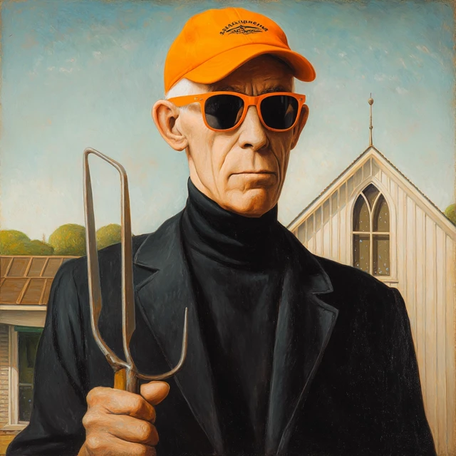 American Gothic Parody Man in Black with Pitchfork