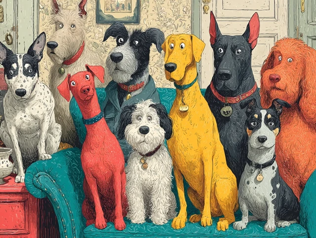 Funny and Cute Dogs on a Cozy Couch - Whimsical Cartoon