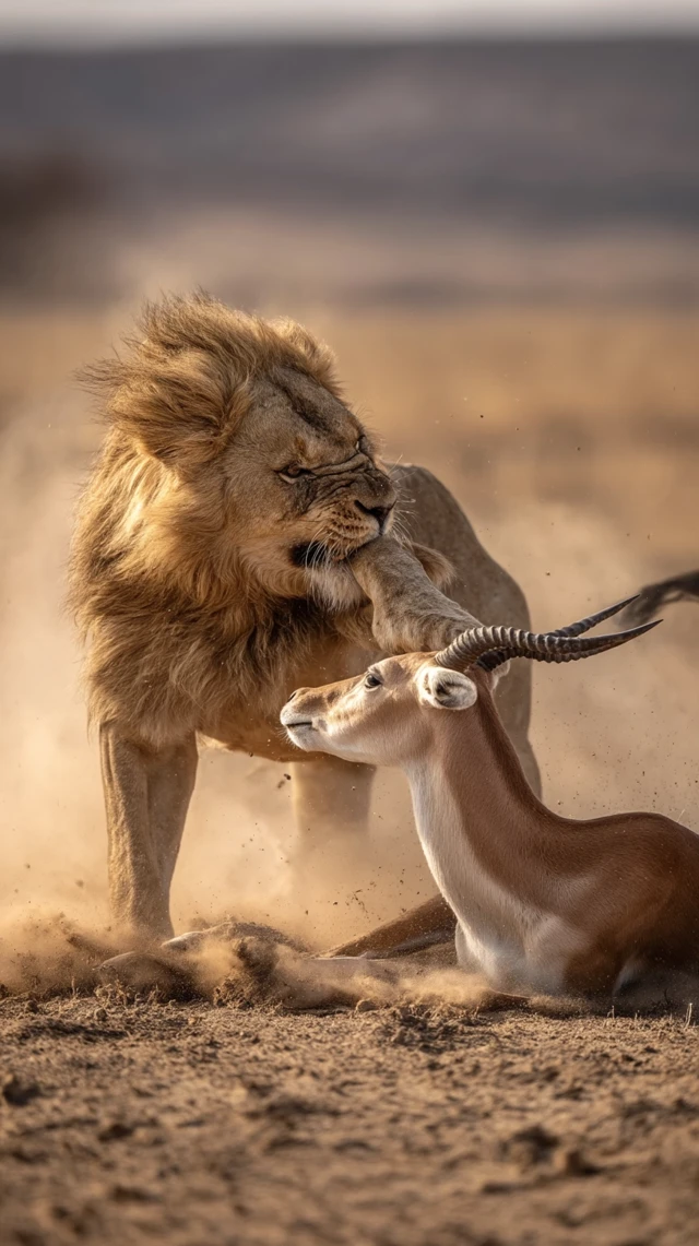 Lion Attacks Gazelle on the Savannah Dramatic Close Up