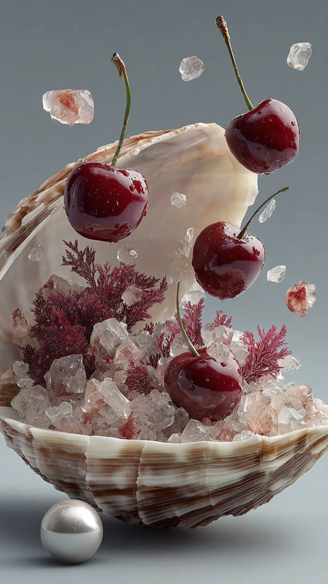 Surreal Shell with Cherries Salt Crystals and Pearl