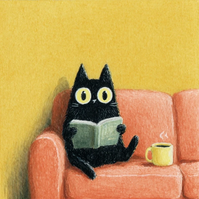 Black Cat Reading Book Relaxing on Couch