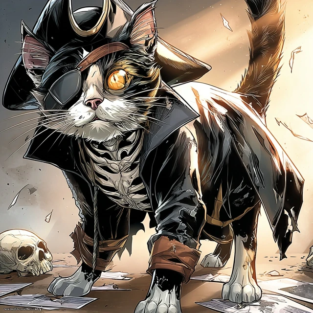 Pirate Cat Half Skeletal with Captains Hat