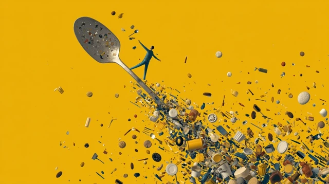 Giant Spoon Spilling Food Overhead View