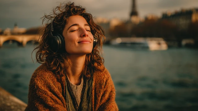 Parisian Woman Listening to Music by the Seine River
