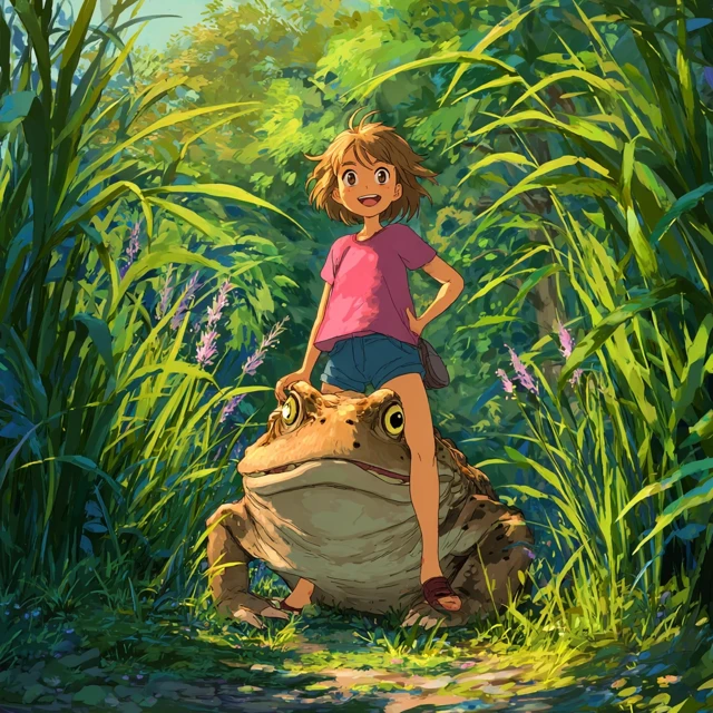 Girl Riding Toad Forest Miyazaki Ghibli Style