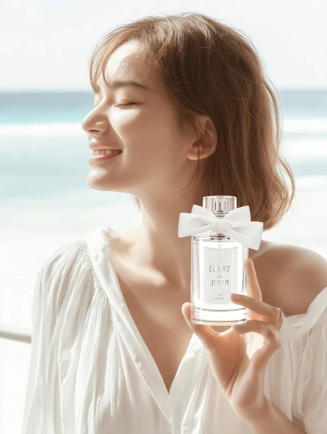 Summer Beauty Portrait with Perfume Beach Elegance