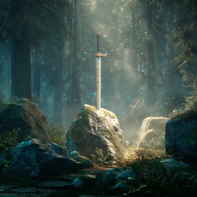Excalibur Sword in Stone Mystical Forest
