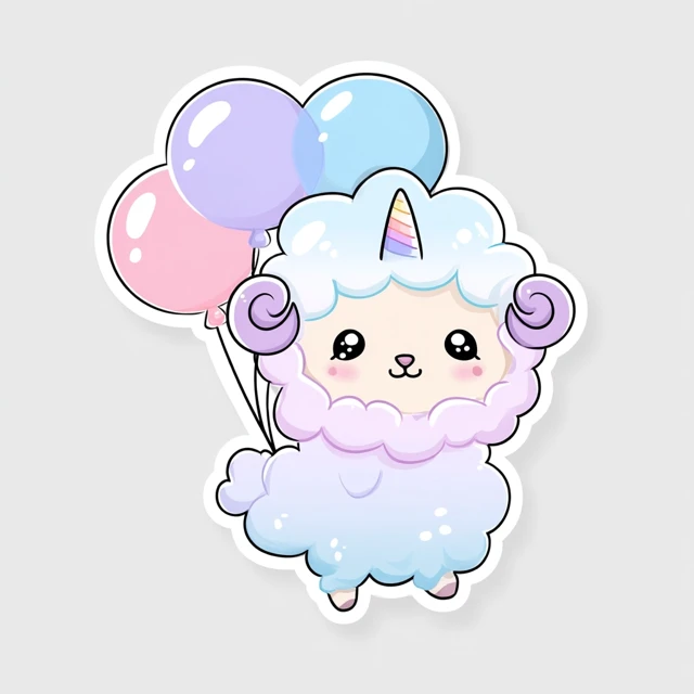 Cute Cartoon Cloud Sheep with Balloons Sticker