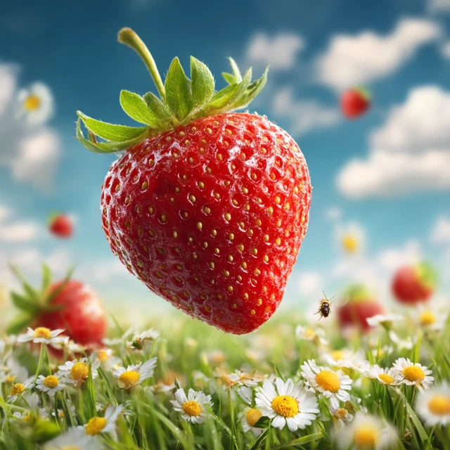 Juicy Strawberry Hovering Over a Flower Field Photo
