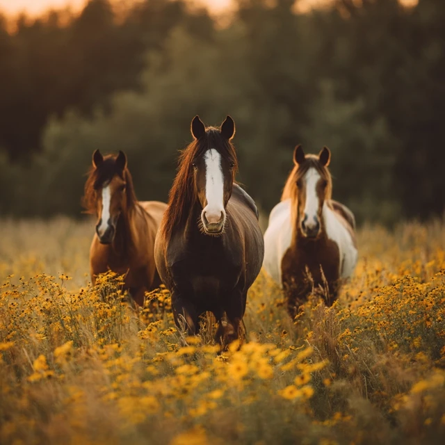 Horses in a Summer Flower Field Morning Sun